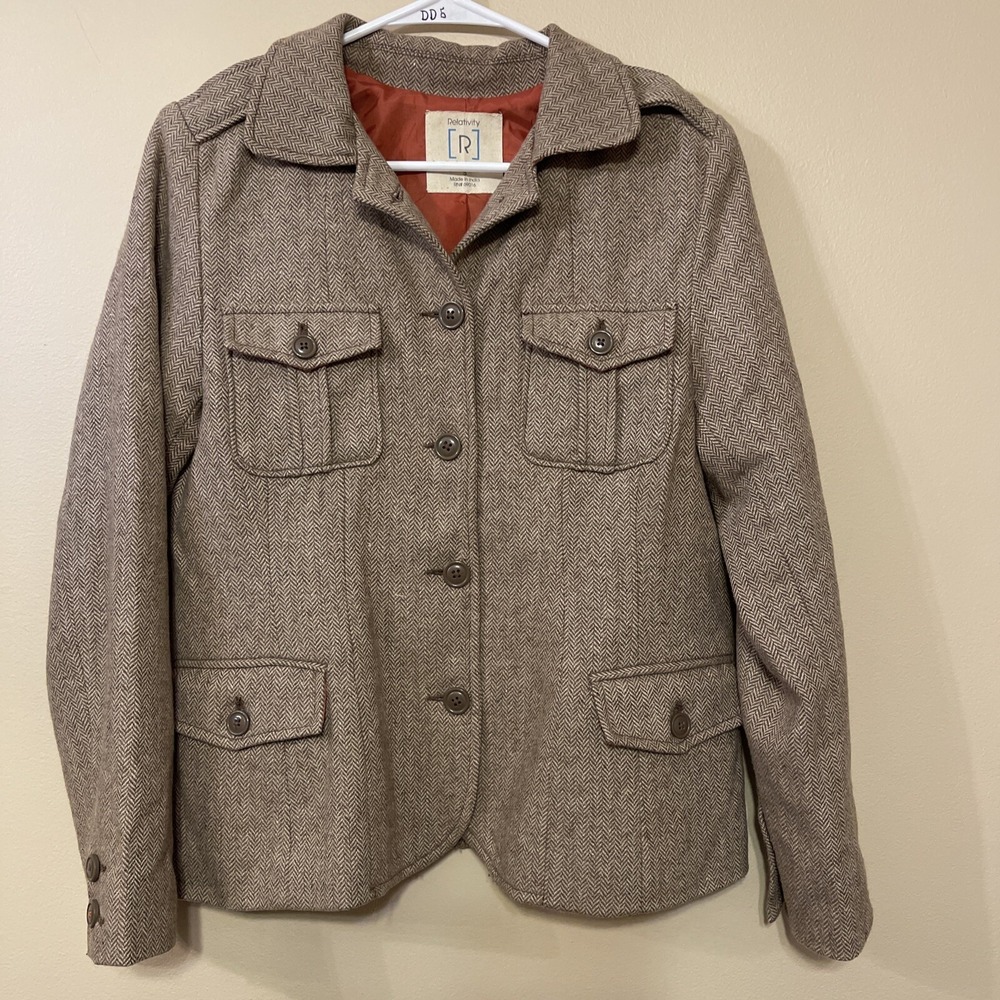 Relativity Womens Brown Herringbone Wool Blend Field‎ Jacket Blazer Size S